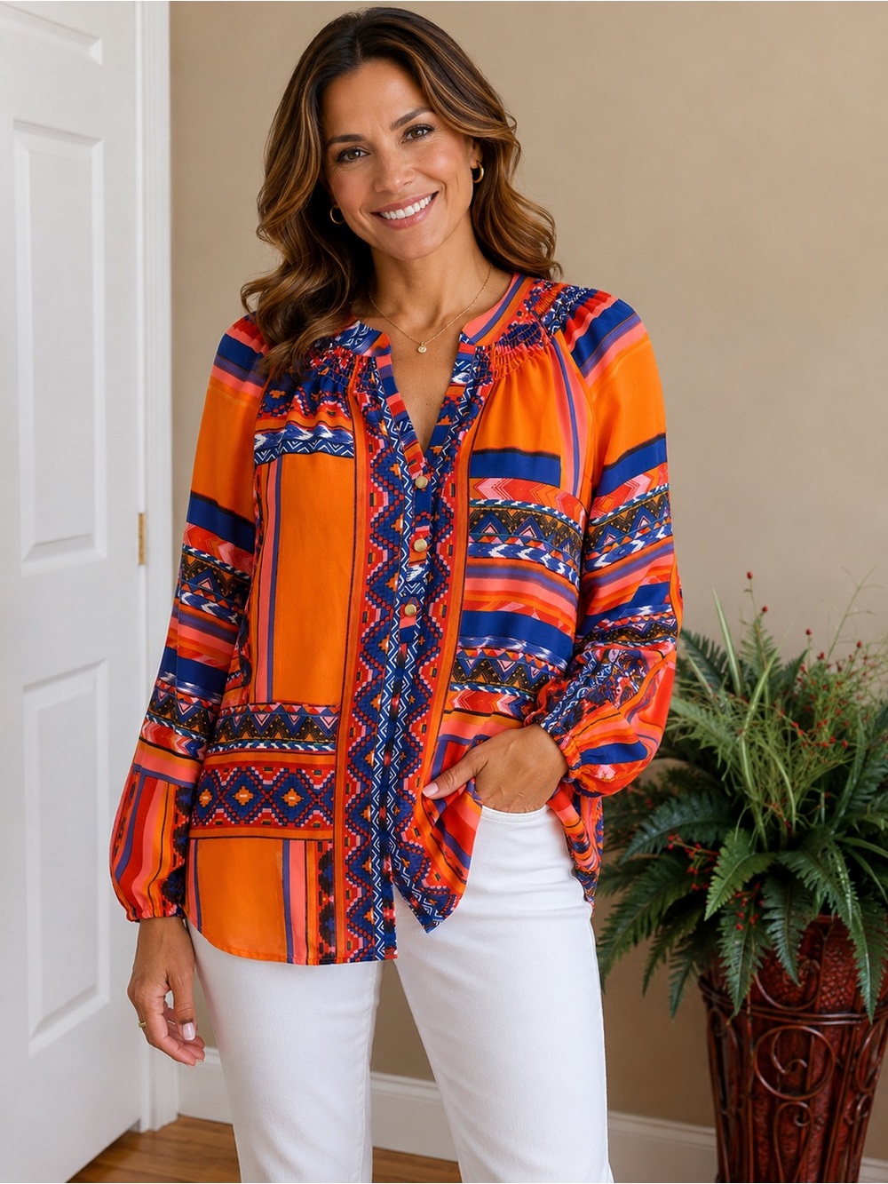 Investments Orange Multicolor Printed Long-Sleeve Blouse